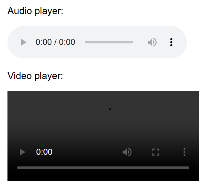 Rendered output: a native audio player control bar with play button, timestamp, seek bar, volume, and menu; below it, a native video player showing a black video area with the same style of control bar