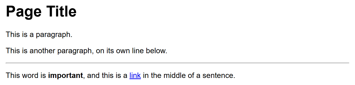 Rendered output: a large "Page Title" heading, then two paragraphs each on their own line, then a final paragraph where "important" is bold and "link" is an underlined hyperlink flowing in the middle of the sentence