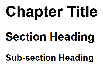 Rendered output: three headings of decreasing size and boldness, from "Chapter Title" (largest) to "Sub-section Heading" (smallest)