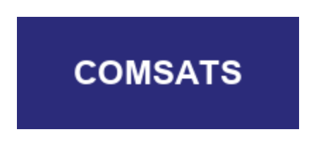 Rendered output: a 200 by 80 pixel image showing a dark blue box with the word COMSATS in white text