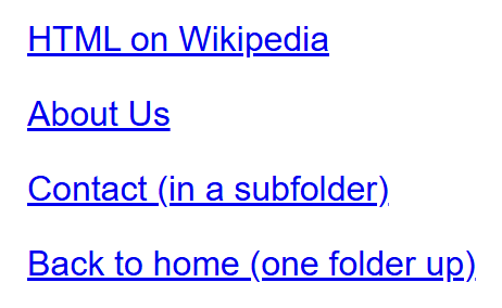 Rendered output: four blue underlined links stacked vertically, reading "HTML on Wikipedia", "About Us", "Contact (in a subfolder)", and "Back to home (one folder up)"