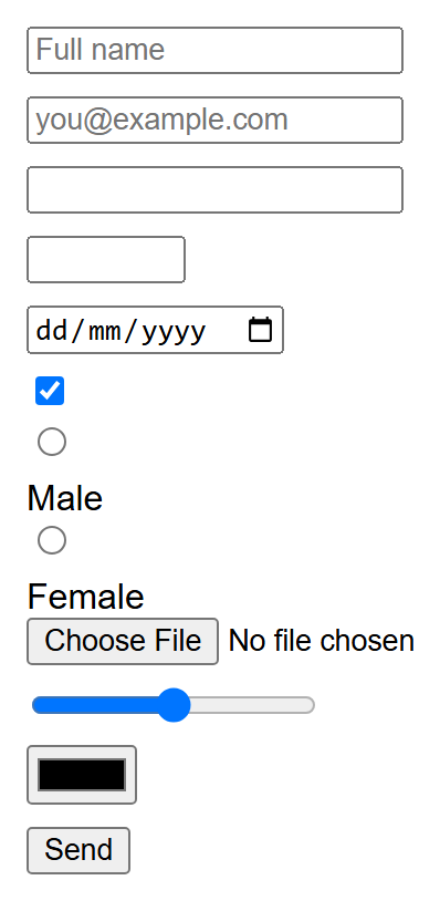 Rendered output: a stack of distinct form controls — a text box with placeholder "Full name", an email box, a plain password box, a number box, a date picker showing dd/mm/yyyy, a checked checkbox, two radio buttons labeled Male and Female, a "Choose File" button, a slider, a black color swatch, and a "Send" button; the hidden input produces no visible control at all