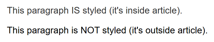 Rendered output: two paragraphs stacked vertically — "This paragraph IS styled (it's inside article)." in a slightly softer dark gray, and "This paragraph is NOT styled (it's outside article)." in pure black