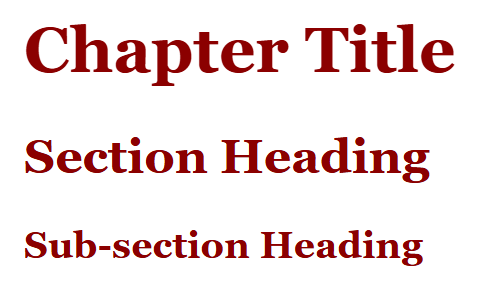 Rendered output: "Chapter Title", "Section Heading", and "Sub-section Heading" all in a dark red, serif (Georgia) font, at their normal decreasing heading sizes