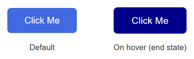 Rendered output: two blue rounded "Click Me" buttons, the left a lighter royal blue at normal size labeled "Default", the right a darker navy blue and slightly larger labeled "On hover (end state)"
