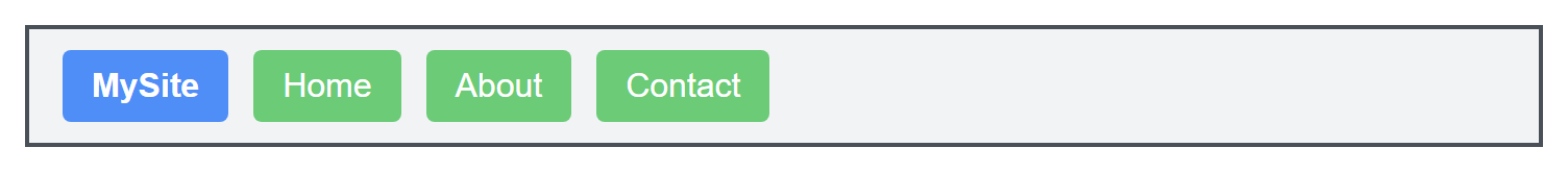 Rendered output: a navigation bar with a blue "MySite" logo box followed by three green "Home", "About", "Contact" boxes, all lined up in a single horizontal row
