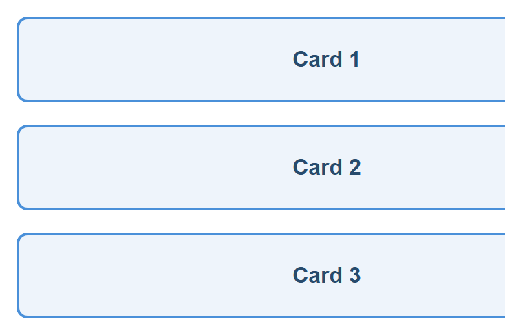 Rendered output: the same three cards now stacked one above the other in a single column, at a narrow mobile width below the 768px breakpoint