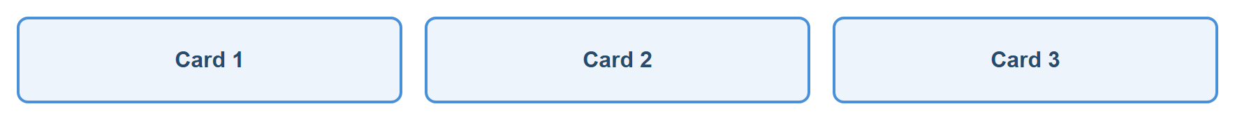 Rendered output: three light blue cards labeled Card 1, Card 2, and Card 3 arranged side by side in a single row, at a wide desktop width above the 768px breakpoint