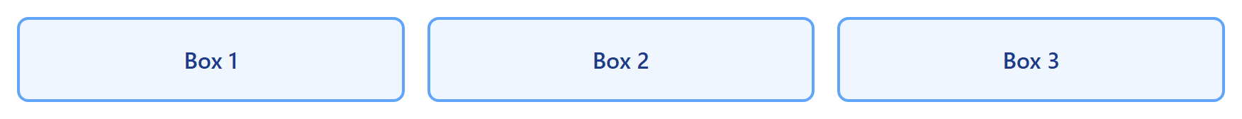 Rendered output: three light blue boxes labeled Box 1, Box 2, and Box 3 arranged side by side in a row, at a wide desktop width above the md breakpoint