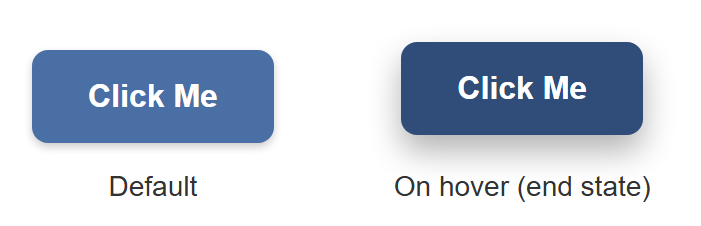 Rendered output: two blue rounded "Click Me" buttons, the left a lighter blue at normal position labeled "Default", the right a darker navy blue, raised slightly with a larger shadow, labeled "On hover (end state)"