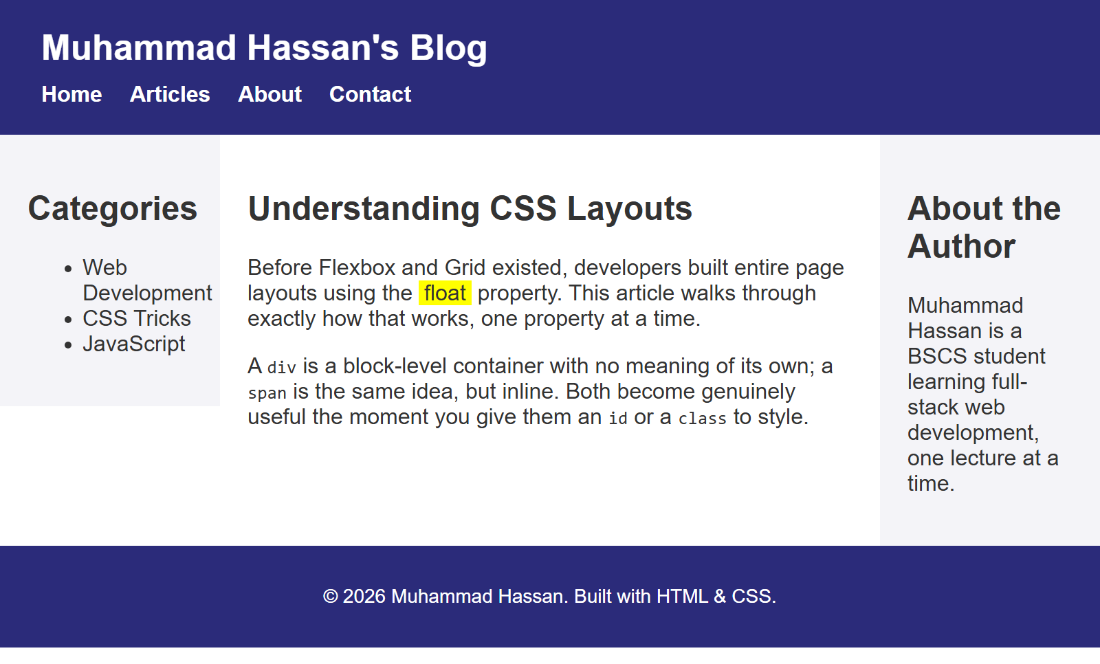 Rendered output: a dark blue header with the title "Muhammad Hassan's Blog" and a horizontal Home/Articles/About/Contact menu, below it three columns (a light gray Categories sidebar, a wider white main content area with a highlighted word "float", and a light gray About the Author sidebar), and a dark blue footer