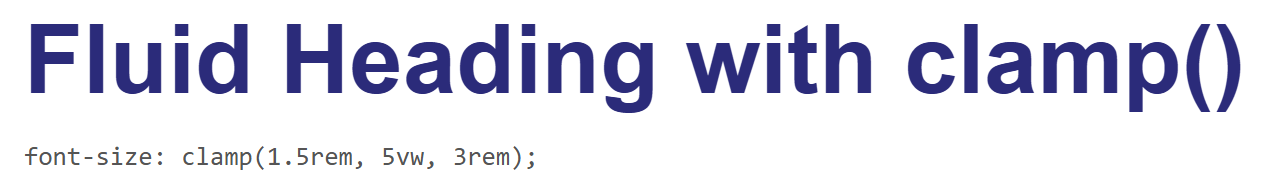 Rendered output: a large bold heading reading "Fluid Heading with clamp()" in dark blue, below it monospace text reading "font-size: clamp(1.5rem, 5vw, 3rem);", at a desktop width where the heading has clamped to its 3rem maximum size
